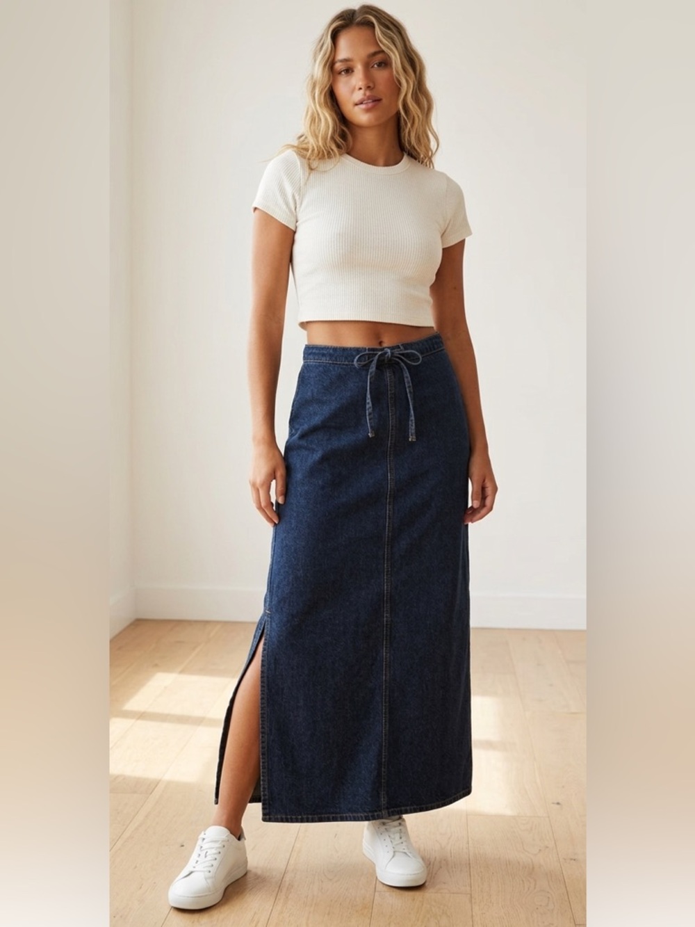 Premiere Collection Dark washed denim maxi  skirt wth drawstring waist size 14